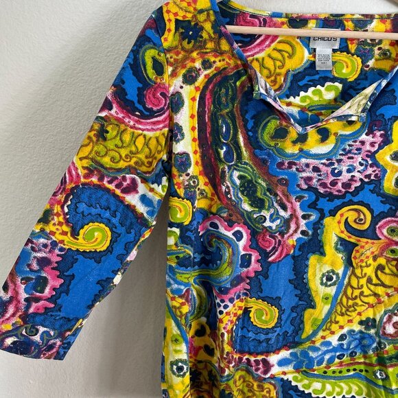 CHICOS Womens Medium Colorful Paisley 3/4 Sleeve Stretch Top Notch Neck Blouse - Picture 8 of 10